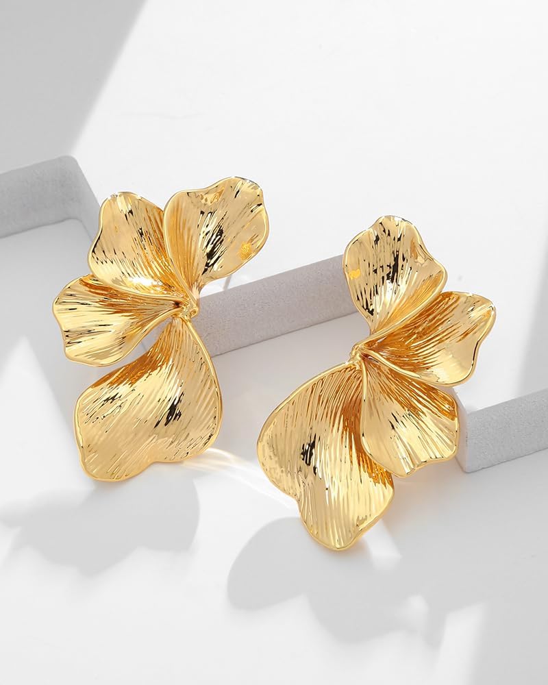 FAUTHENTICUTE Chunky Gold Statement Earrings For Women Gold Plated Sectored Flower Leaf Shell Angel Wing Earrings Large Stud Earrings Hypoallergenic Earrings - Image 4